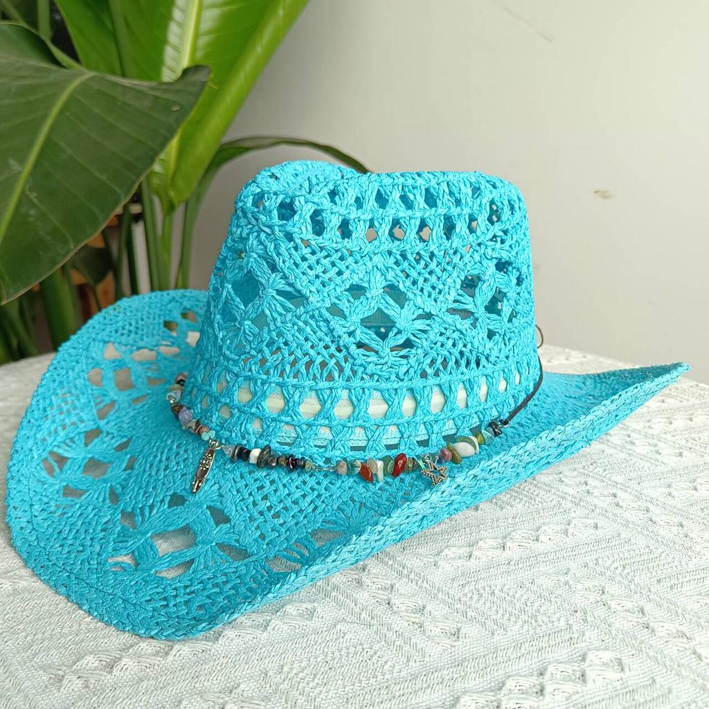 2026straw New cowboy hat women'shollow woven cowboy straw hat retro elegant western cowboy wide brim hat