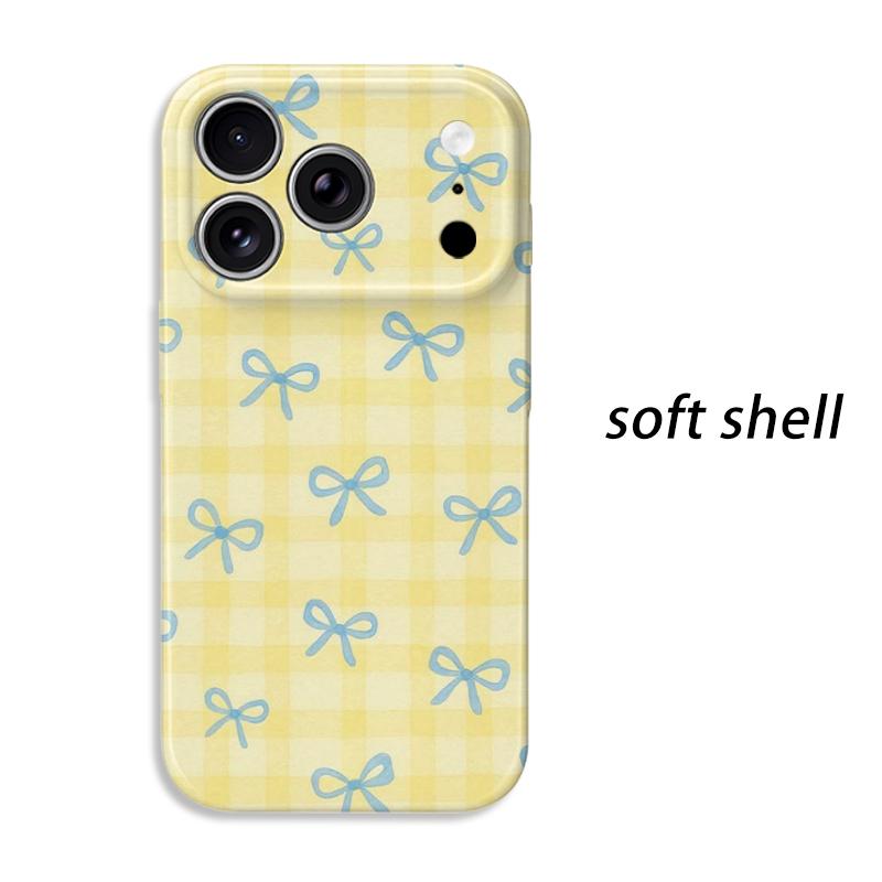 Buttery Yellow Gingham Blue Bow Pattern Graphic Art Film Aesthetic Protective Shockproof Bumper Phone Case For iPhone 14 15 16 17 Pro Max Plus