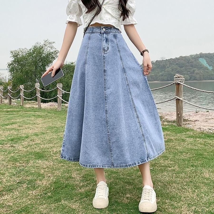New Women's Long Skirt, Spring/Autumn Denim A-Line Pleated High Waist Slimming Umbrella Skirt