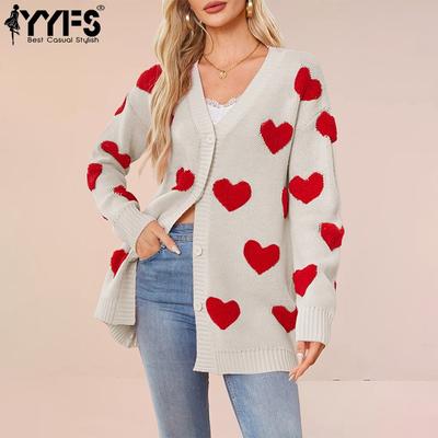 Damen Mode Lässig Herbst Winter Liebesbrief Druck Langarm V-Ausschnitt Oberteile Damenbekleidung Wollstrickwaren Pullover