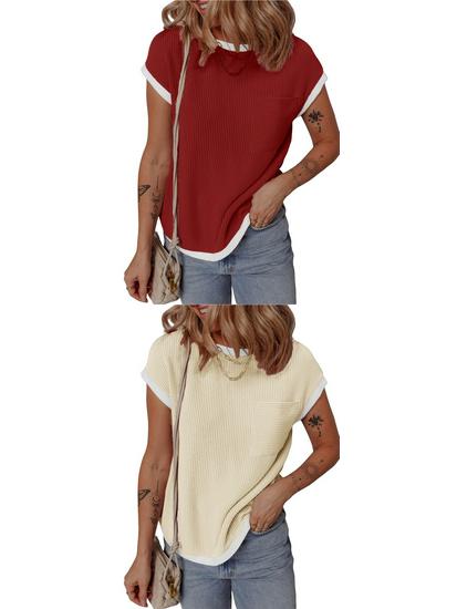 Women's Short Sleeve Ribbed Knit T-shirt - Casual Spring/Summer Top
