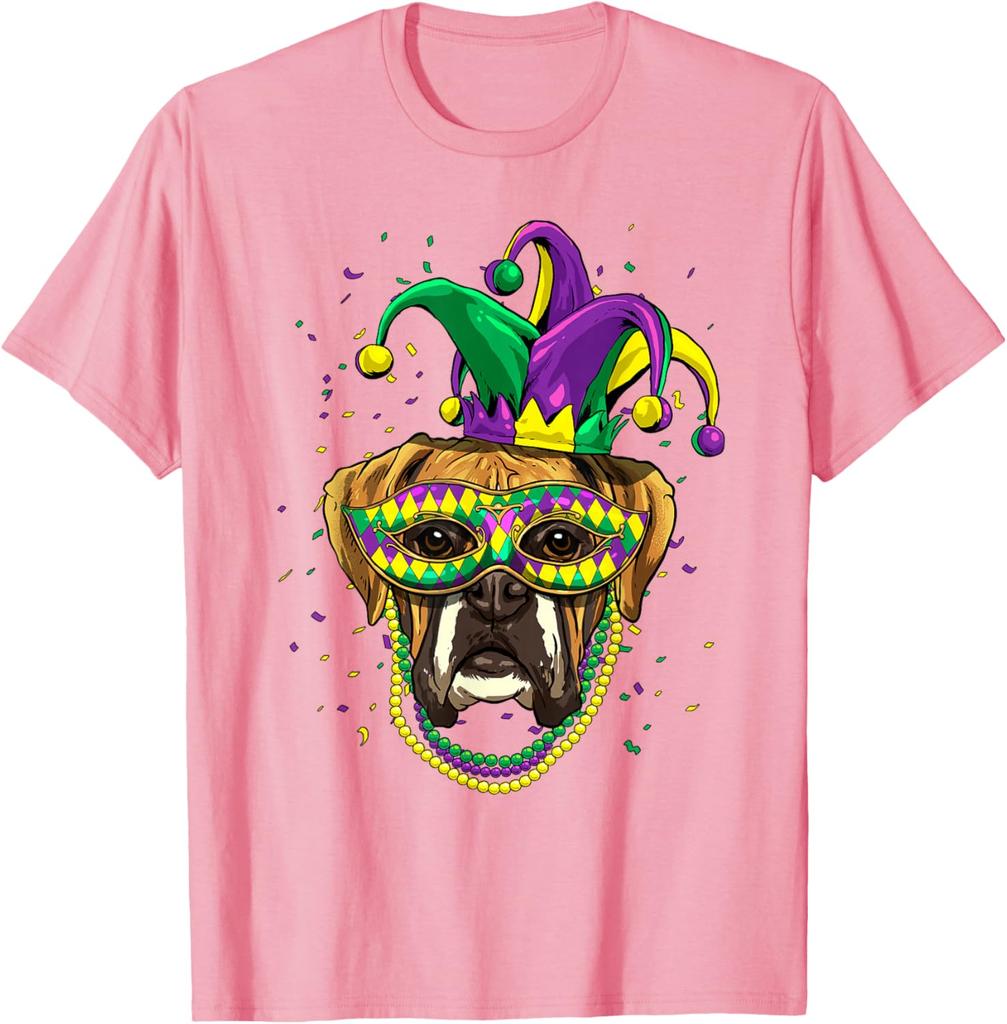 Boxer Dog Mardi Gras  Mask Beads Graphic Print Men Casual Cotton T-Shirt