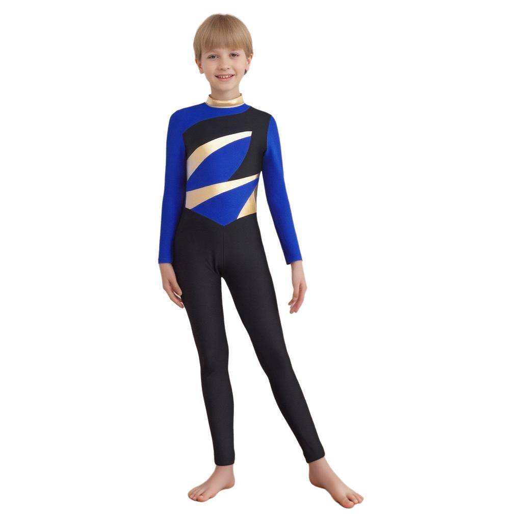 Boys Color Block Gymnastics Jumpsuit Metallic Mock Neck Long Sleeve Back Invisible Zipper Bodysuit