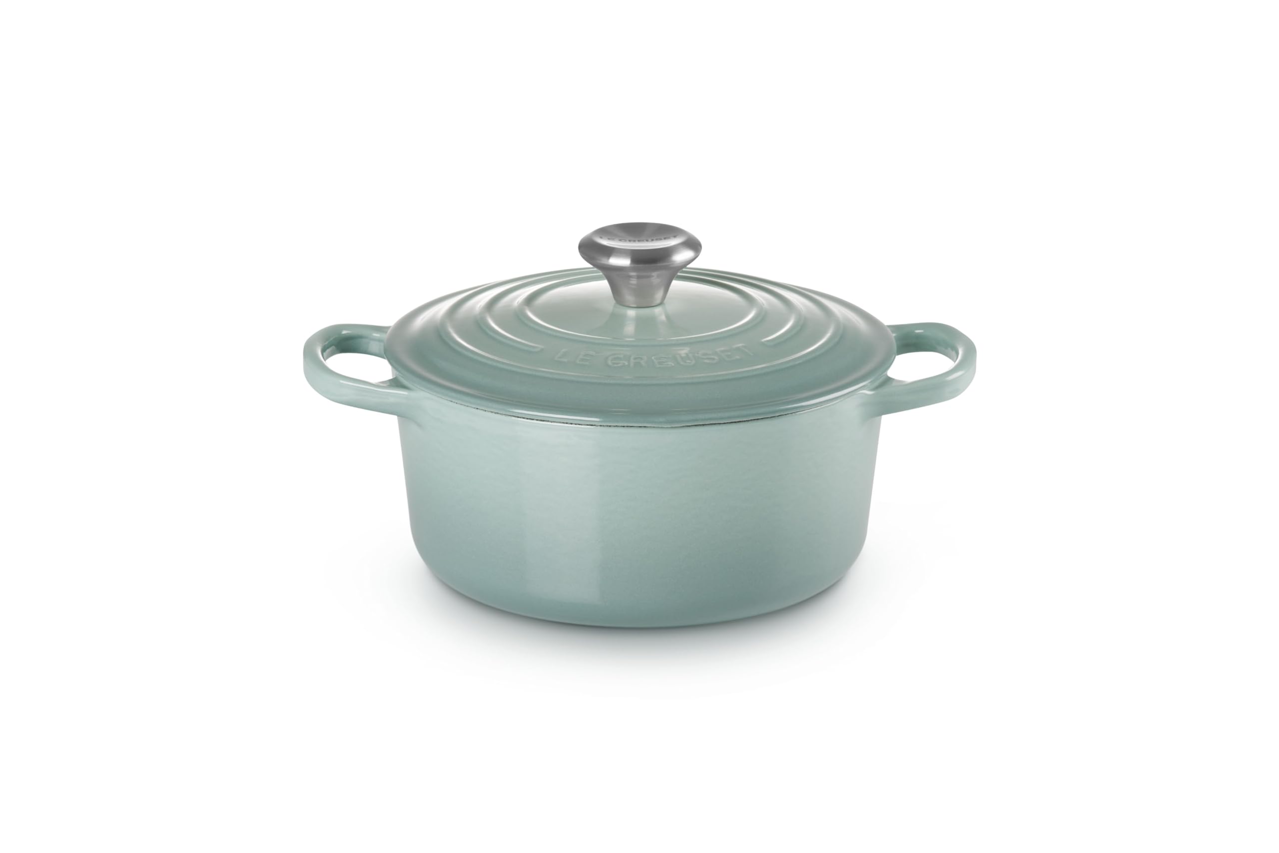 

Le Creuset Signature Cocotte Ronde Sea Cast Iron Enamel Pot with Stainless Steel Oven and Dishwasher Safe Product in 18cm, Salt, Handle, [Official