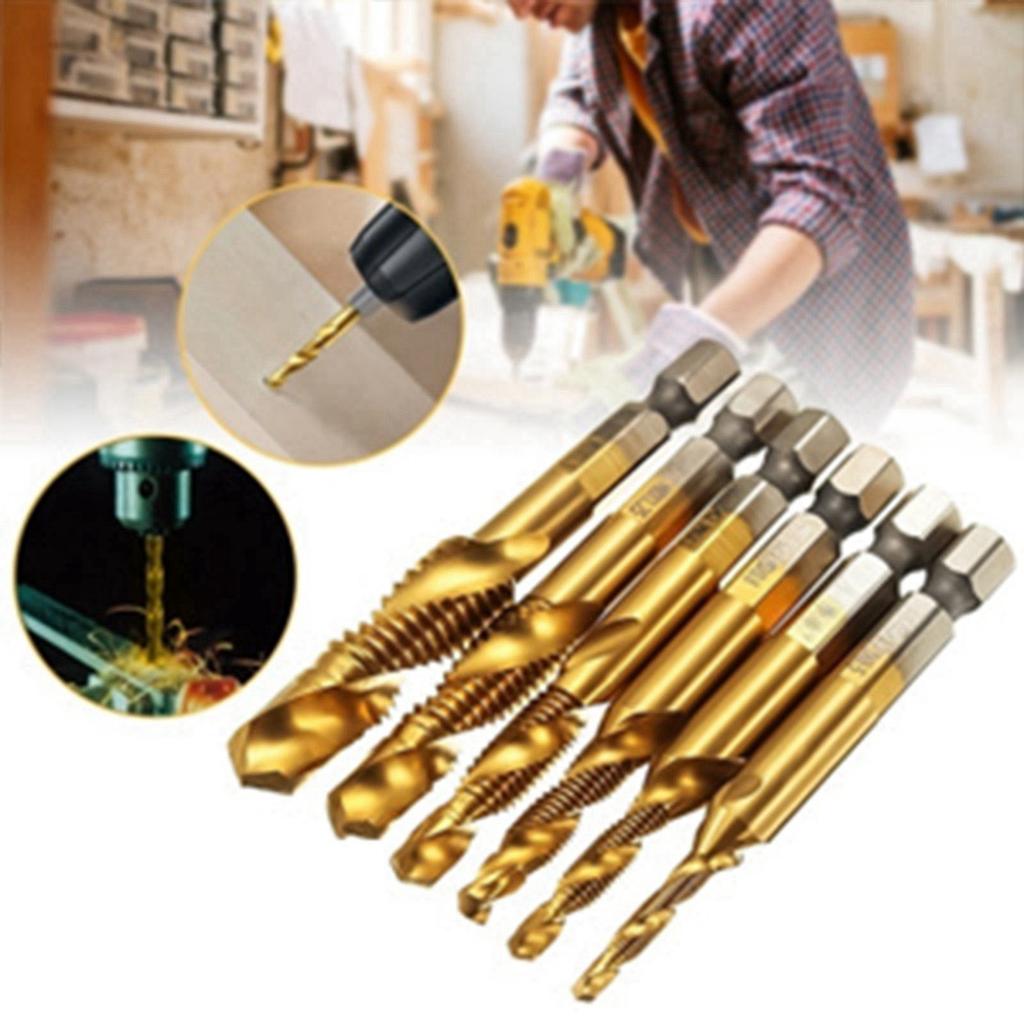 6pcs Metric Thread M3-M10 Titanium Coated HSS Drill and Tap Bits 1/4" Hex Shank