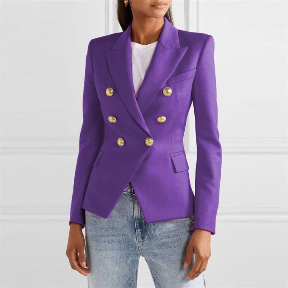 Women's Lapel Double Breasted Blazer Solid Color Long Sleeve Slim Fit Formal Business Short Suit Jacket