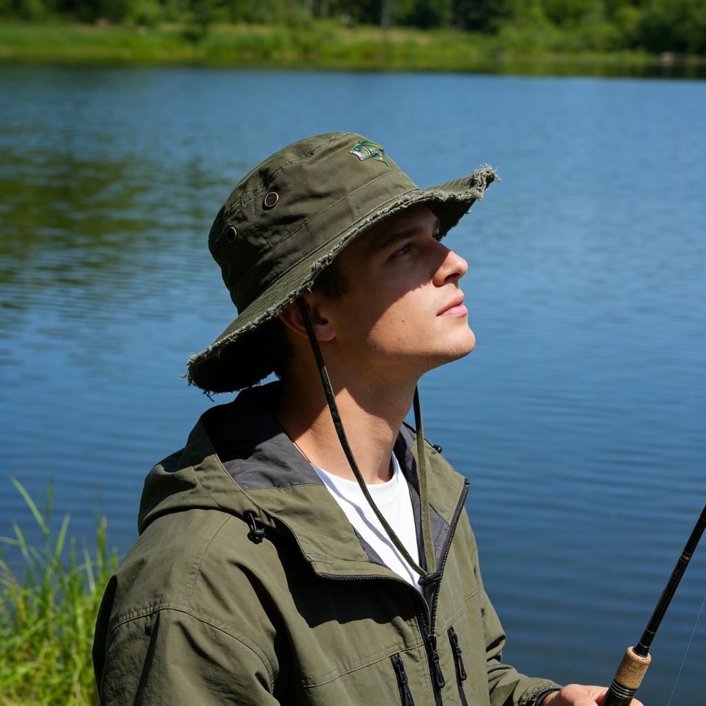 Outdoor Fishing Hat for Men Wide Brim Sun Protection Boonie Cap Army Green Tactical Hiking Safari Mesh Breathable Bucket Hat