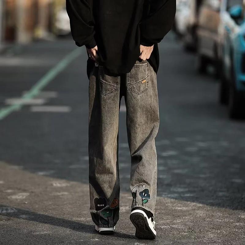 Men's Y2K Flower Printed Baggy Jeans Streetwear American Casual Denim Wide-leg Pants Hombre Vintage Straight Trousers