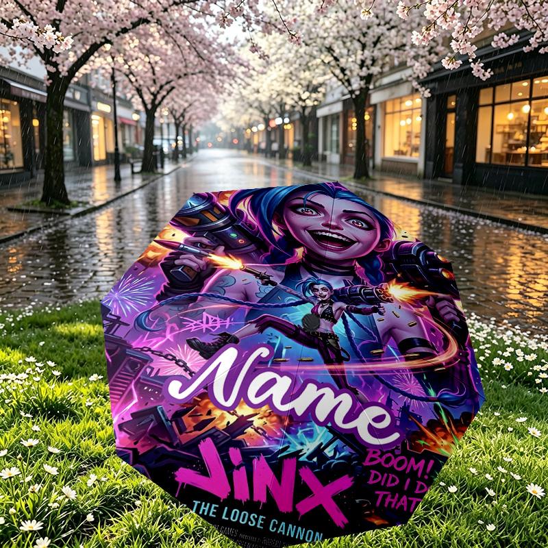 Custom Name Personalized Jinx Print Umbrella, Auto Open Close, 8‑Rib Sturdy Frame, Commute Camping Hiking Use, Birthday Gift