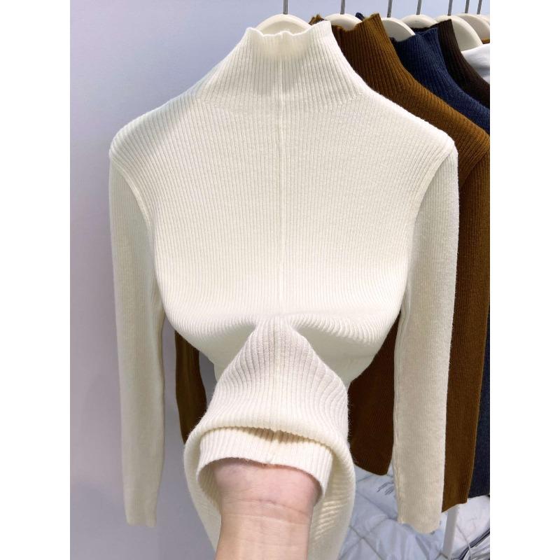 Texture inside top women's turtleneck knitted sweater autumn and winter new front shoulder long sleeve temperament high-end bottoming sweater