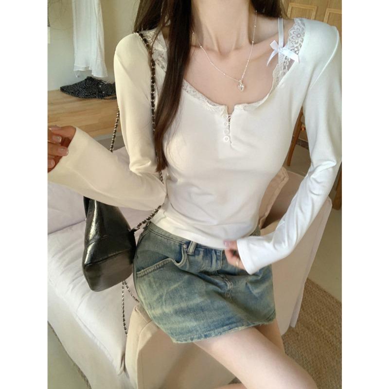 Real shot lace long-sleeved T-shirt women's autumn and winter slim-fit short polished warm pure desire top