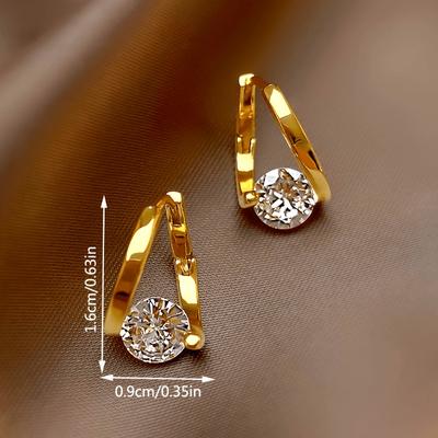 2pcs 14K Golden Plated Elegant Simple Style Zirconia Gold-Tone Stud Earrings, Versatile Fashion Earrings for Women'S Daily Wear
