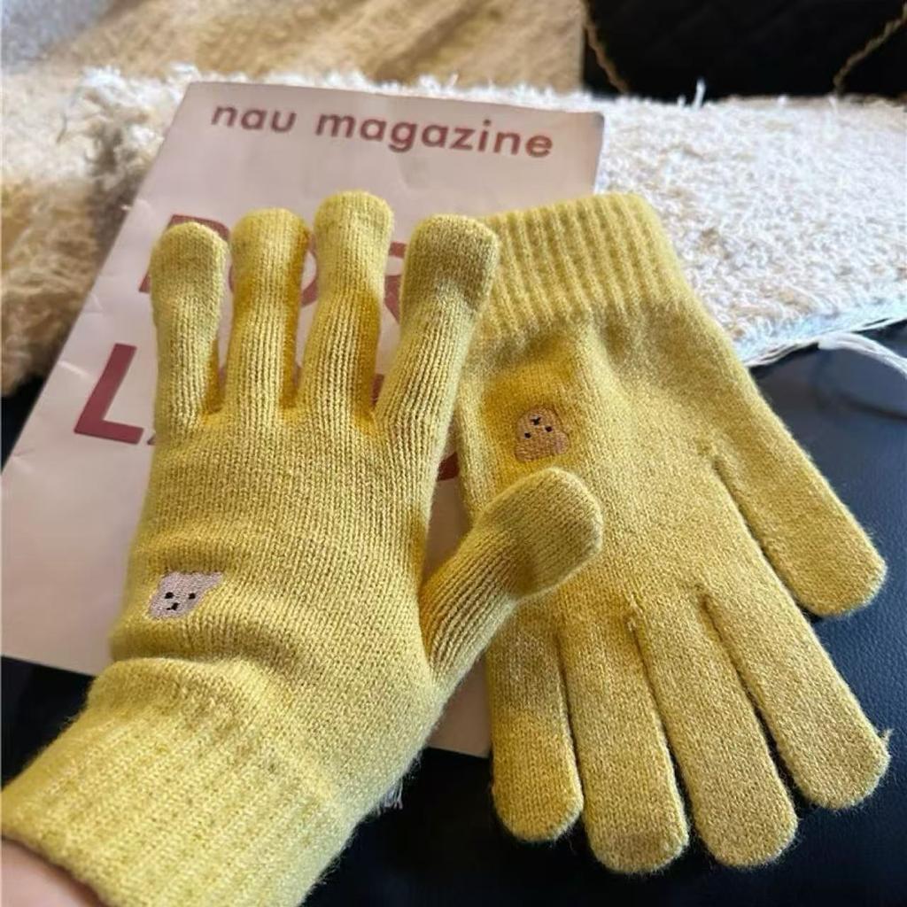 New Autumn and Winter Cute Bear Embroidery Wool Knitted Five-finger Gloves Finger-revealing Female Solid Color