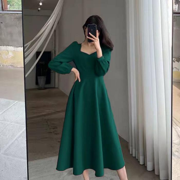 

Hepburn-Style Retro V-Neck Black Dress for Women, 2025 Spring/Autumn, Long Over-the-Knee Length L темно-зеленого