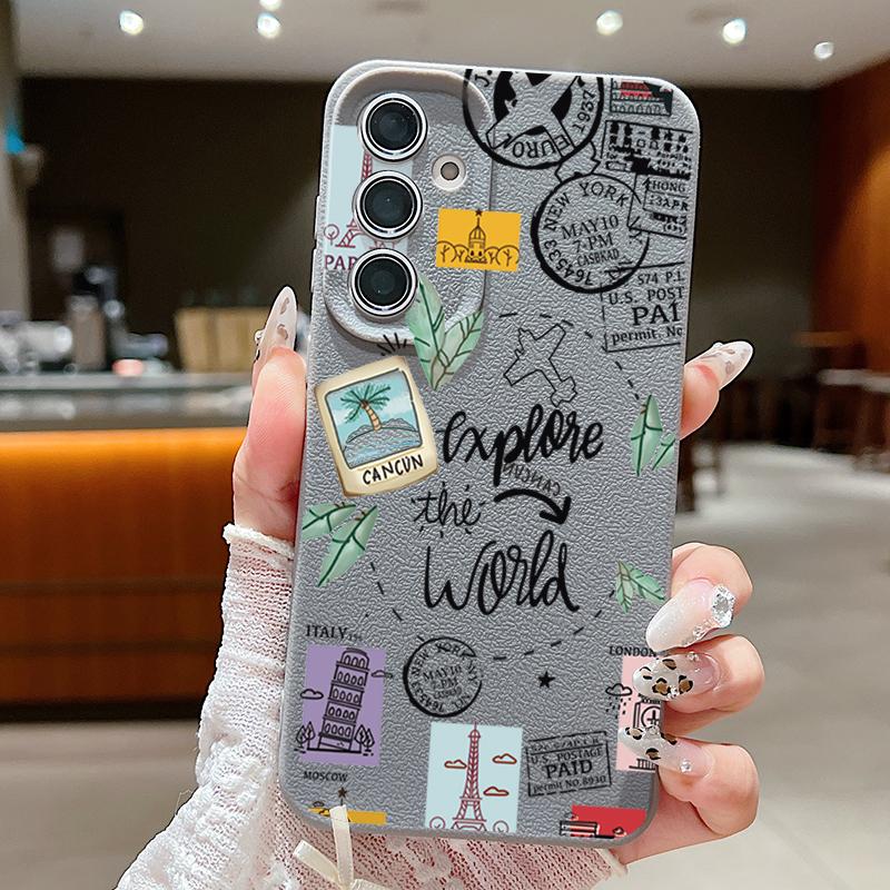 

Stamp Signboard Print Shockproof Slim Case For Samsung S25 Ultra S24 FE S23 S22 A56 A36 A16 A55 Anti-Fall Soft TPU Leather Texture Matte Phone Cover Samsung A56 сірий