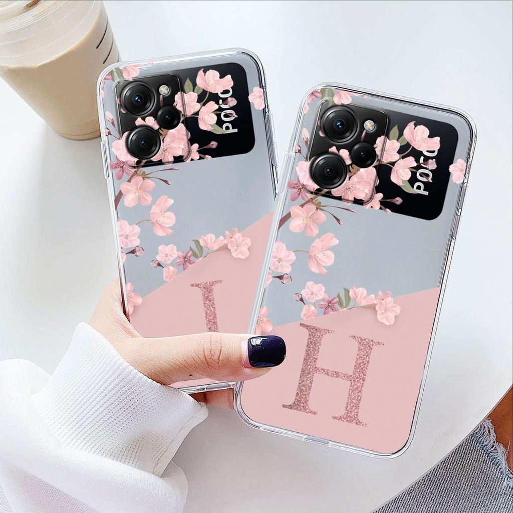 Clear Initial Letter Phone Case For POCO X5 X 5 Pro 5G Shockproof Protector Flowers Cover For Xiaomi POCOX5 X5Pro Coque Soft TPU