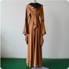 Mittelalterliches Retro-Kapuzenkleid, Eckiger Ausschnitt, Schnürung, Glockenärmel, Weiter Rock