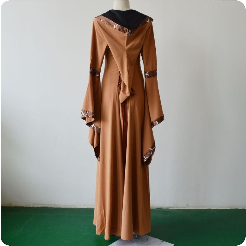 Mittelalterliches Retro-Kapuzenkleid, Eckiger Ausschnitt, Schnürung, Glockenärmel, Weiter Rock