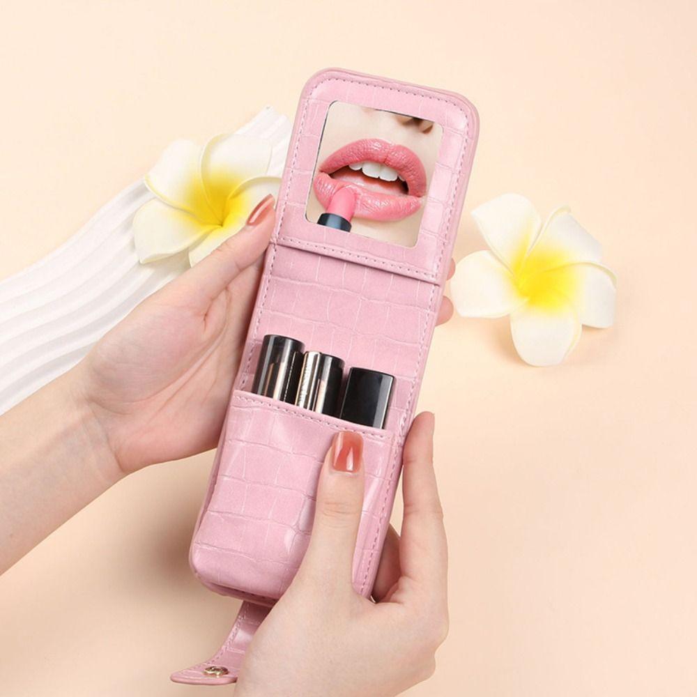 Fashion Alligator Pattern Lipstick Bag PU Leather Mini Makeup Bag with Mirror Portable Lipstick Protective Cover for Women Girls