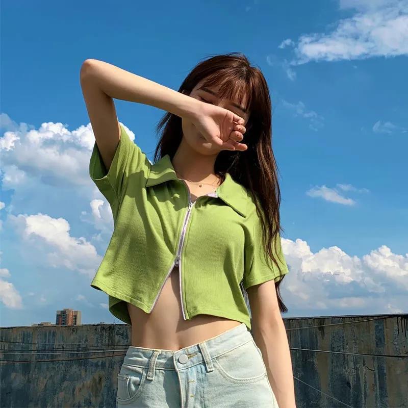Women's Turn Down Collar Short Sleeve Blouse Loose Fit Cropped Zip Front Solid Color Korean Casual Summer Crop Shirt Top