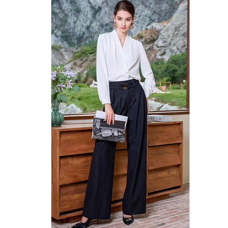 Stylish Long-Sleeve French White Top with Wide-Leg Pants Two-Piece Set for Women