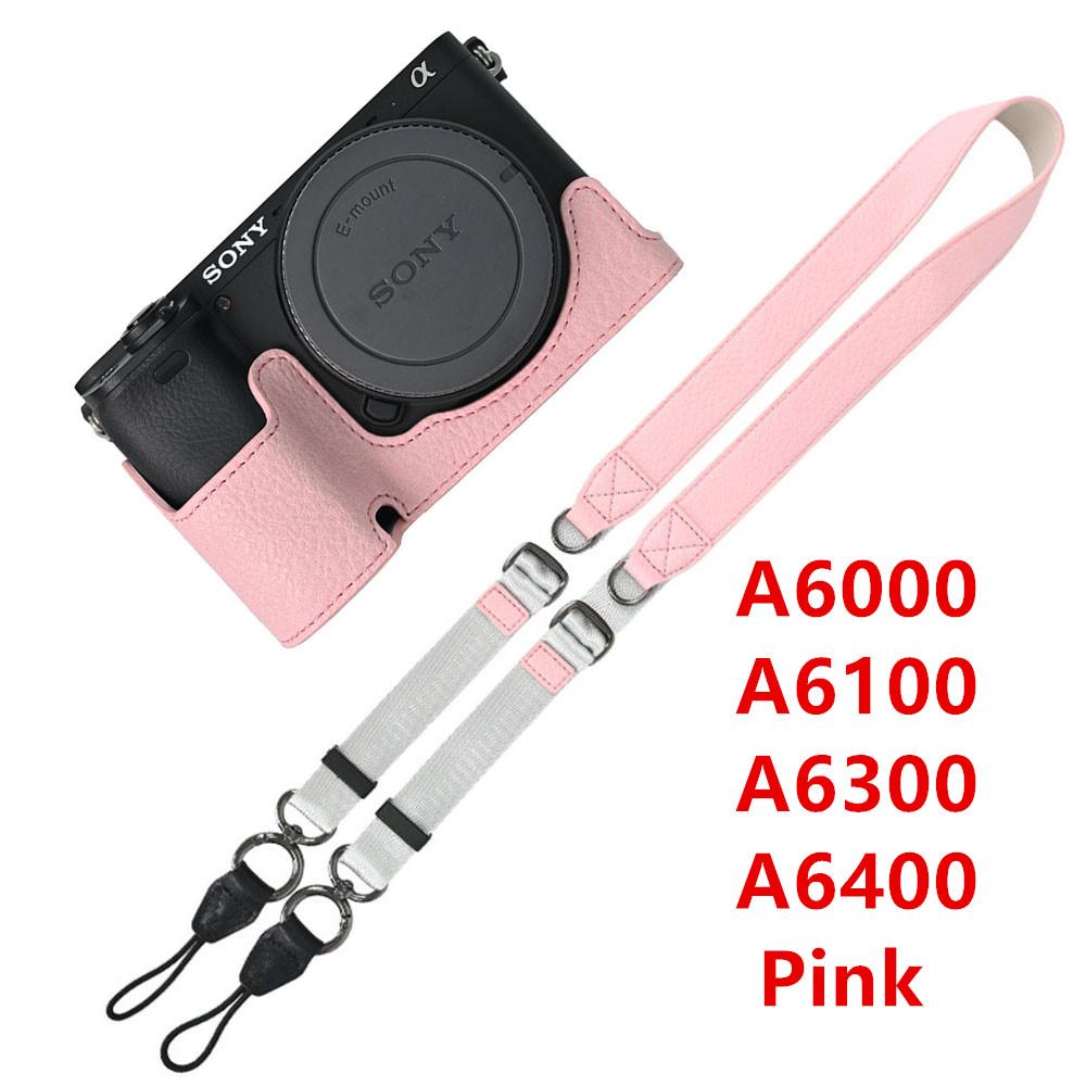 Půl pouzdro na fotoaparát z PU kůže s texturou liči pro Sony A6700 A6400 A6300 A6100 A6000 ZVE10 ZVE10II ZVE10M2 Spodní otevírací kryt s popruhem