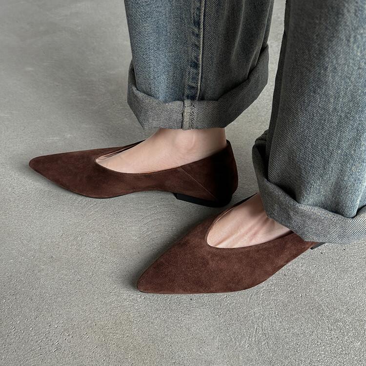Obrovské měkké~ jednoduchý styl špičaté baleríny kožené jednoboty dámské 2025 podzim nové všestranné plochý podpatek pracovní boty