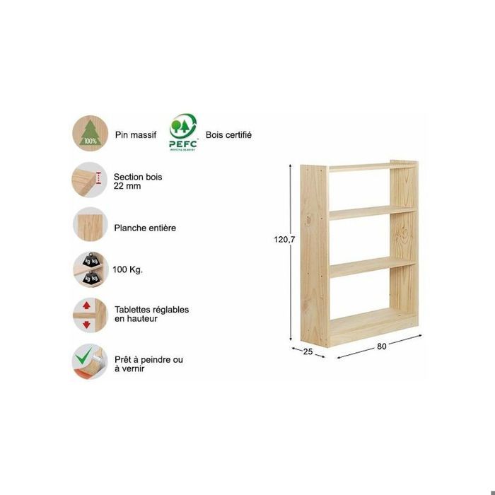 Bibliothèque - ASTIGARRAGA KIT LINE - Gala - 4 Étagères - 79,6 Cm - Pino Massif - Marron