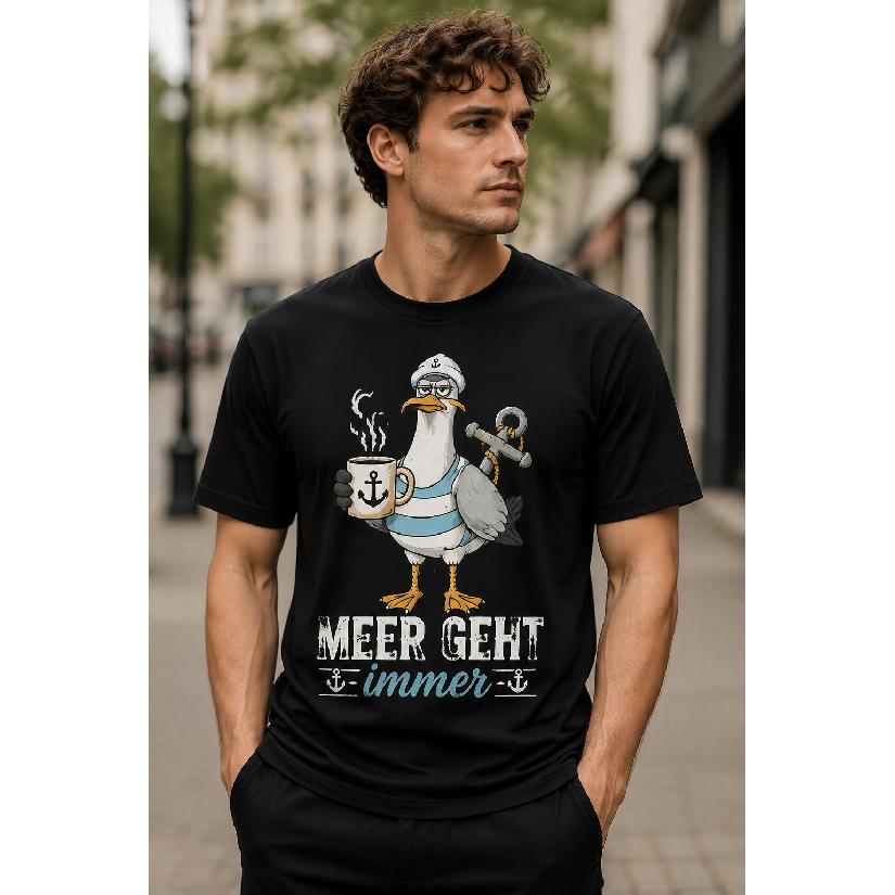 Men's Black Short Sleeve Crew Neck T-Shirt with Funny Seagull Sailor Graphic, Soft Cotton Feel, Casual Streetwear for Daily Wear