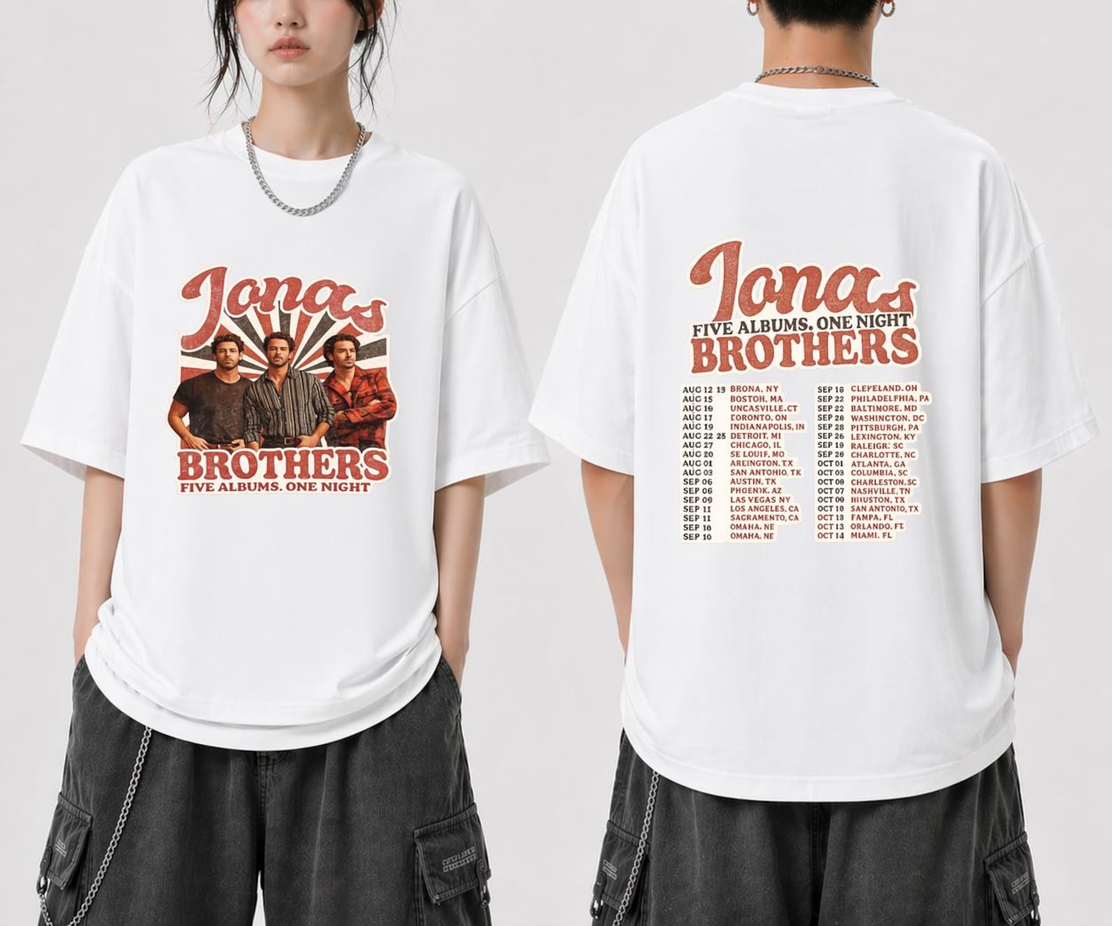 Jonas Brothers Double Sided T shirt, Jonas Brothers Tour Shirt, Concert 2023 Retro Unisex Gift, Jonas Brothers Five Albums One Night T Shirt XL