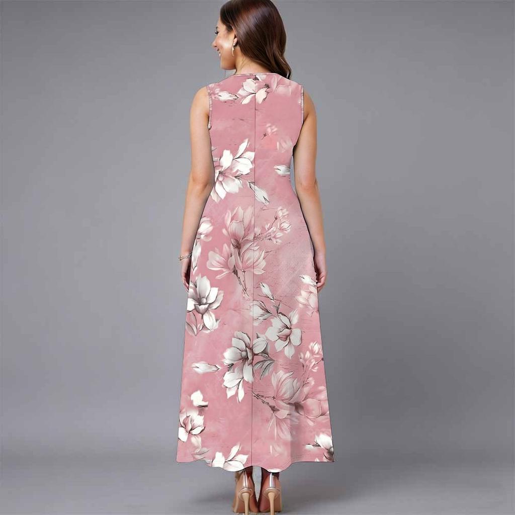 Women Oversized Sleeveless Round Neck Dress Vivid Botanical Printed Loose Midi Dress