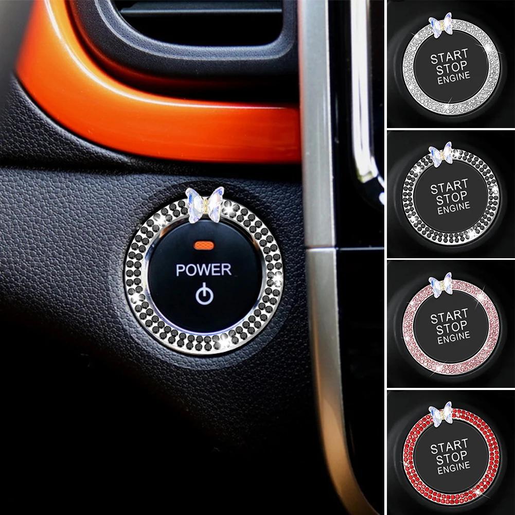 Rhinestone Crystal Butterfly Ring Car Ignition Button Decorative Cover Anti-Corrosion Easy To Install Car Accessories Interior