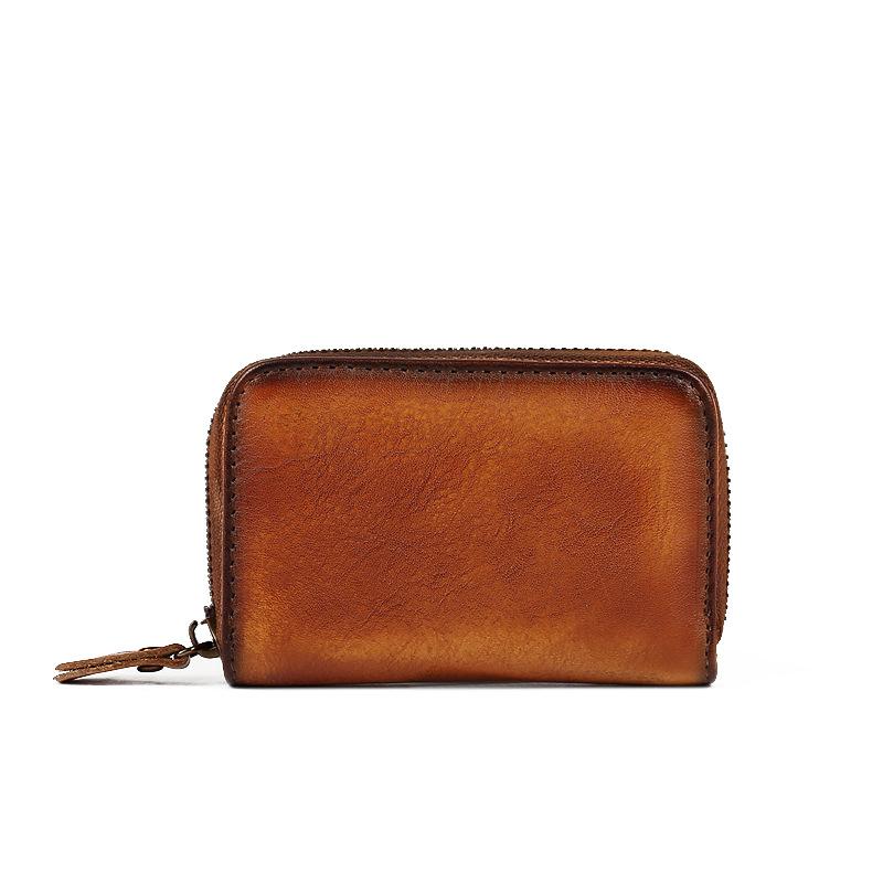 Leder Reißverschluss Kleine Kartenbörse, Erste Schicht Rindsleder Mini Kartenhalter, Mehrere Kartenfächer, Einfarbige Retro Weiche Oberfläche Geldbörse Karten.