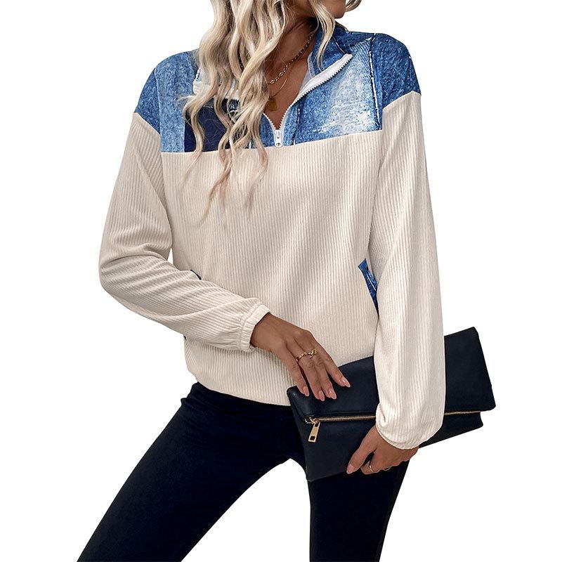 Women's Color Block Patchwork Hoodie - Autumn/Winter Casual Lapel Zipper Long Sleeve Pullover