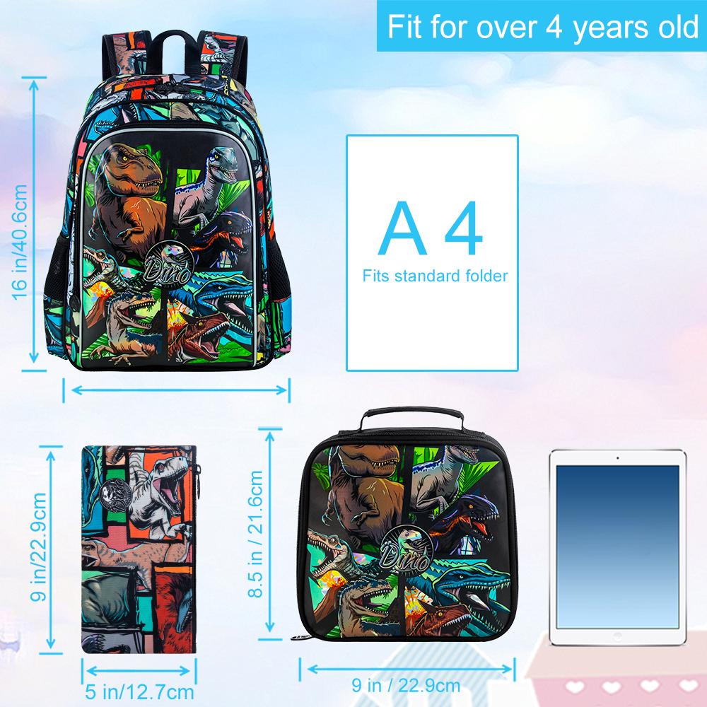 3PCS Backpack for Boys, 16 Inch Dinosaur Preschool Bookbags, Cool Elementary Kindergarten School Backpacks