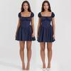 Damen Sommer Einfarbige Knielange Faltenkleid Mode Quadratischer Ausschnitt