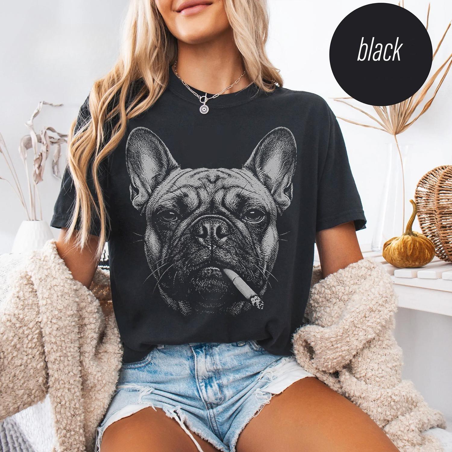 

2026 Summer Womens Vintage French Bulldog Smoking TShirt Unisex Cotton and Breathable Short Sleeve Oversized Loose Casual 3XL