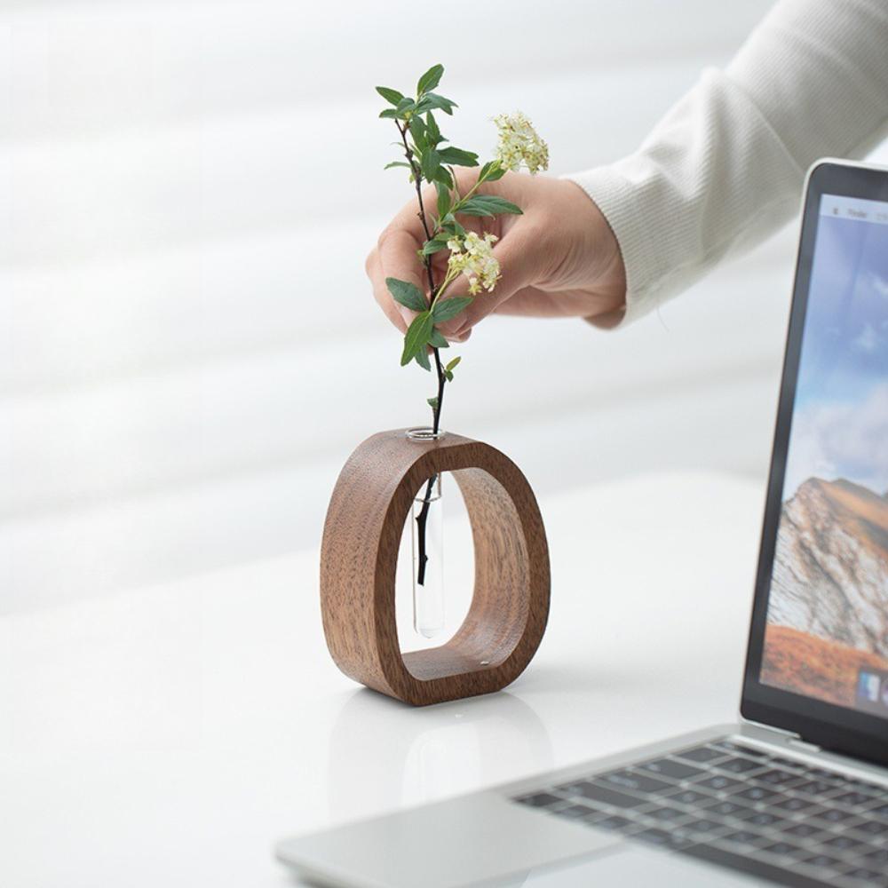 Retro Glass Test Tube Vase with Solid Wood Frame Hydroponic Green Plants for Home Office Decor Hydroponic for Windowsills