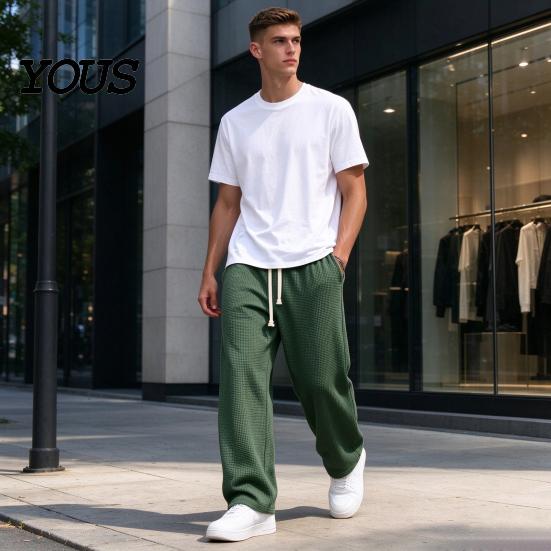 Soft Polyester Streetwear Men Waffle Baggy Trousers, Wide Leg Drawstring Waist Slacks, Loose Fit Relaxed Travel Pants Casual Sweatpants with