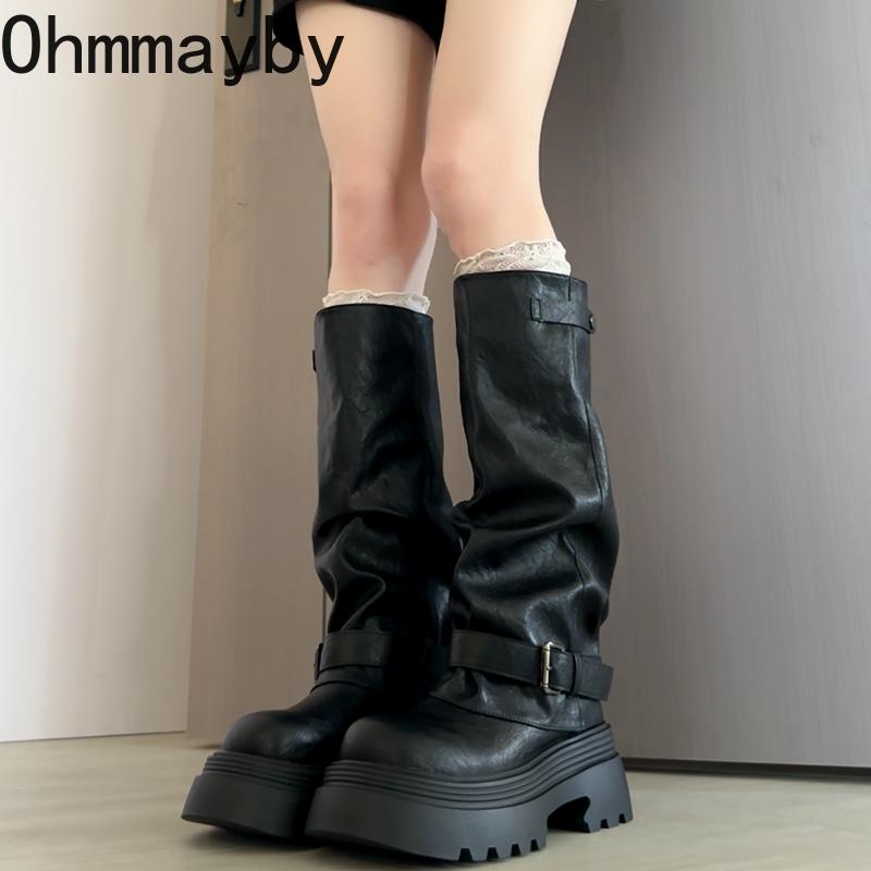 Autumn Winter Vintage Thick Bottom Woman Knight Boots Fashion Belt Buckle Shoes Female Height Increase Slip On Long Booties