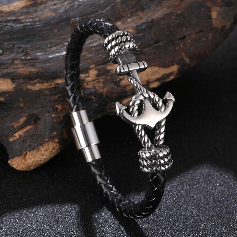 New Stainless Steel Anchor Bracelet Men's Jewelry Punk Black Woven Genuine Leather Bracelet Charm Vintage Gifts