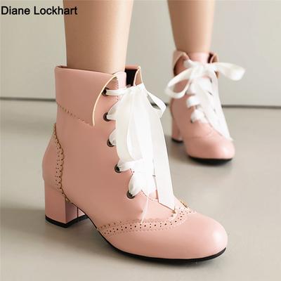 Fashion 2025New Lace Up Ladies Square High Heel Shoes Ankle Boots Lace-up Retro Women Pointed Toe Thick Soled Short Booties White Black