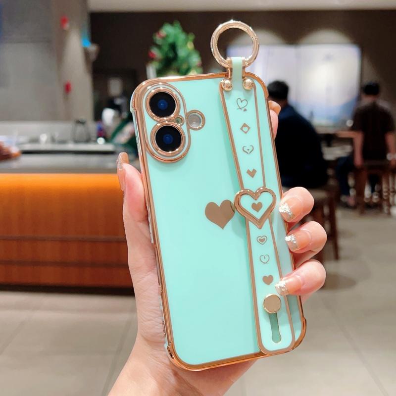 

For iPhone 16 Case Wristband Kickstand Love Heart TPU Phone Cover Finger Holder Mint Green