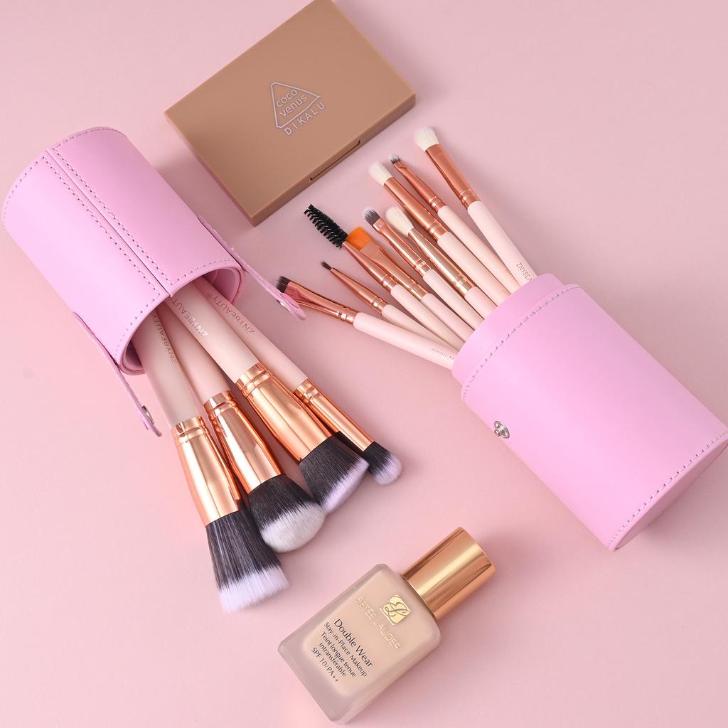 Pincel de base pincel de pó solto pincel de sombra para os olhos 12 peças conjunto de pincéis de maquiagem lã lilás pequena série uva bolsa de pincéis de maquiagem