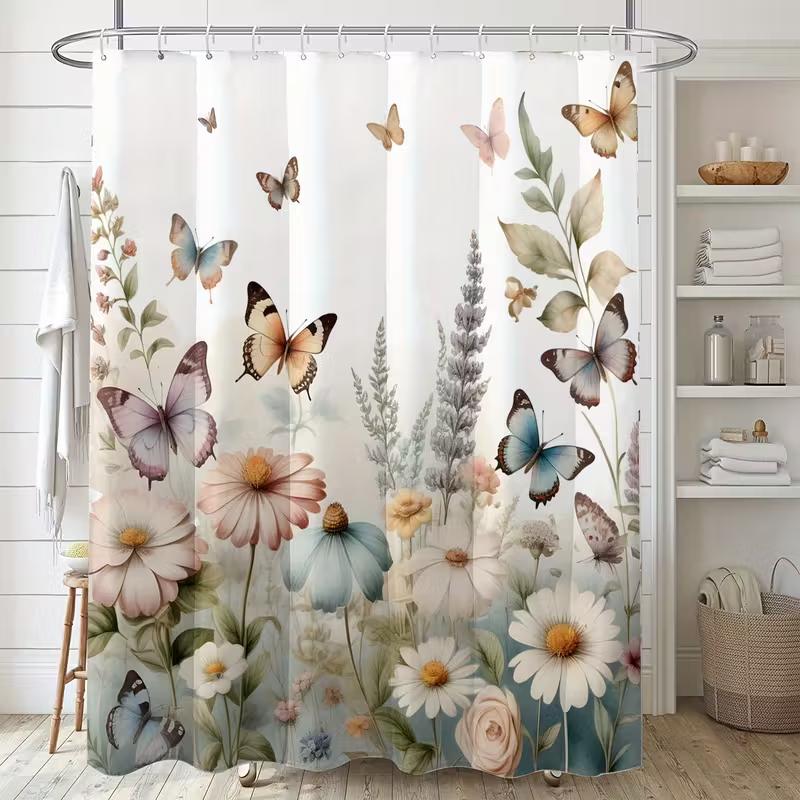 

VIKAMA 3D Butterfly Floral Print Shower Curtain - Waterproof and Mildew-Resistant Polyester Bathroom Decor 90X180C(3X5.9FT)