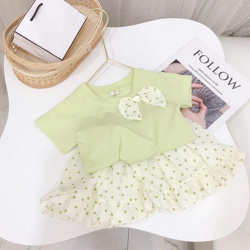 2Pcs/Set Children Set Baby Girls Short Sleeve Summer Clothes Suit Casual Toddler Bow Tops + Dot Short Skirt Print Clothing