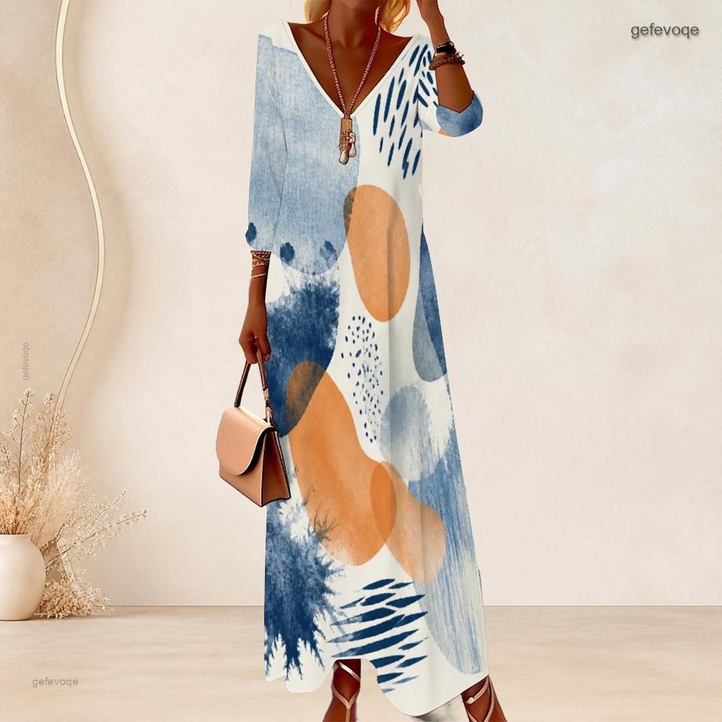 Women Plus Size V Neck Three Quarter Sleeve White Blue Abstract Printed Maxi Dress