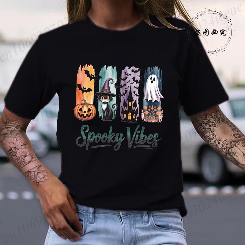 Spooky Vibes Halloween TShirt Tee Spooky Cat Halloween TShirts Short Sleeve Sportwear Fashion Casual Womens TShirts Clothing S