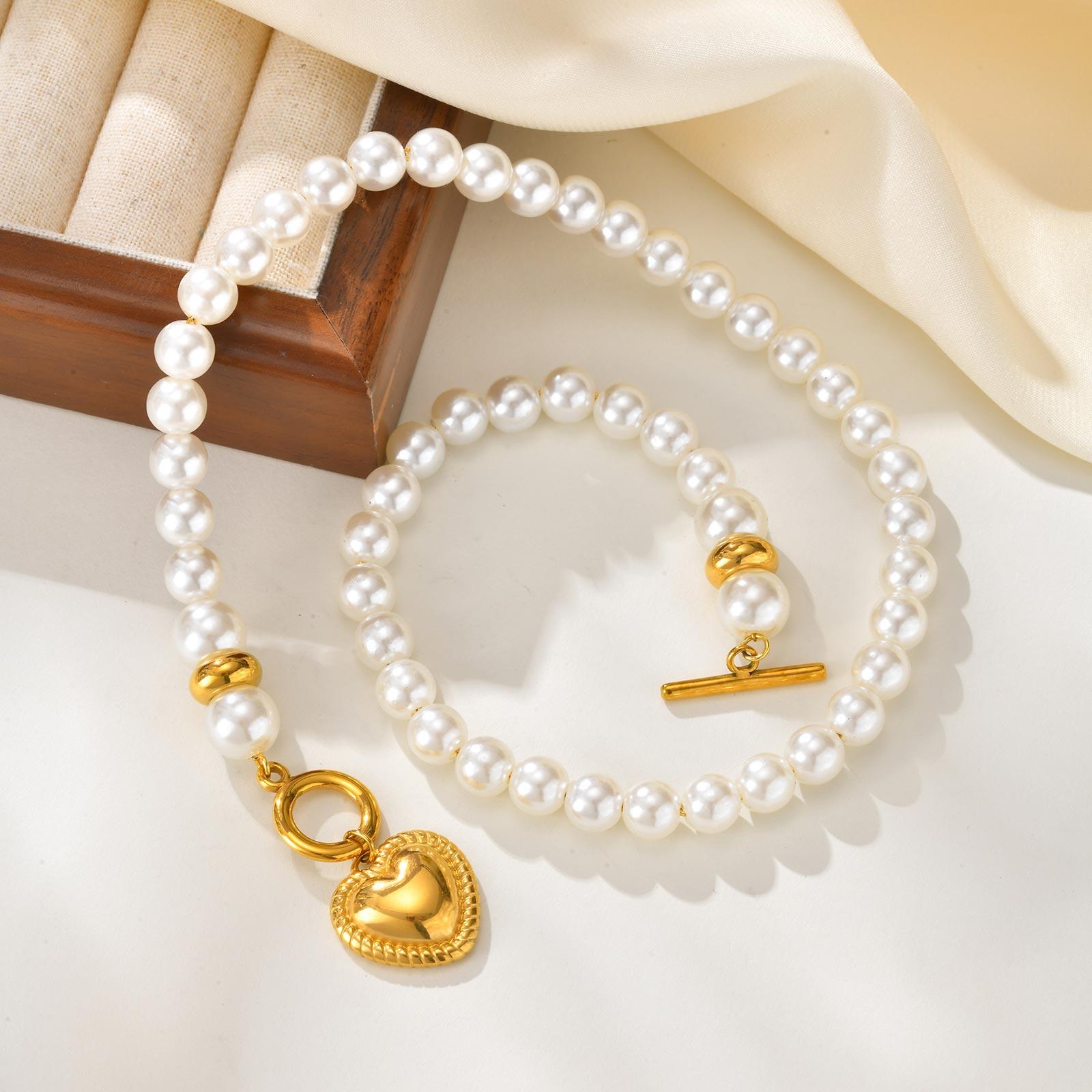 

Stainless Steel Heart-shaped Pendant for Women,Imitation Pearl Beaded Chain Necklace with OT Buckle,Gold Color Jewelry Gifts