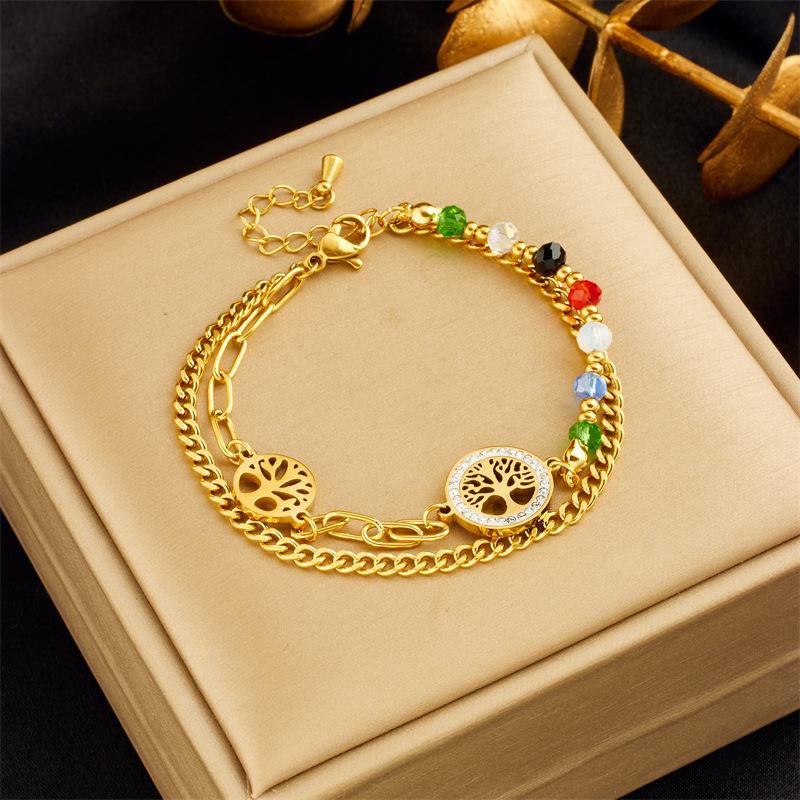 Gold Double-layer Life of Tree Charm Bracelet with Colorful Cz Beads золотой